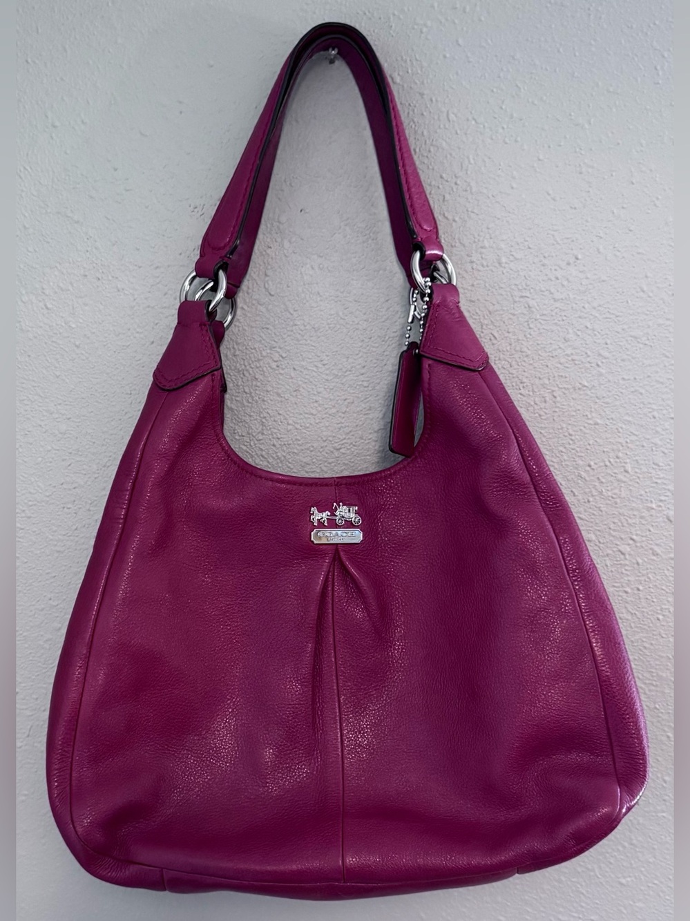 Coach “Madison” Crimson Red Pebbled Leather Shoulder Bag with Silver Hardware
